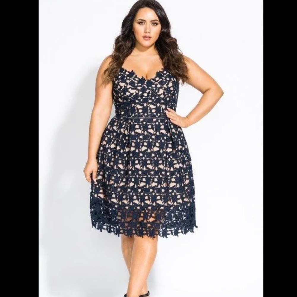 City Chic Navy Lace Midi Dress with Nude Lining